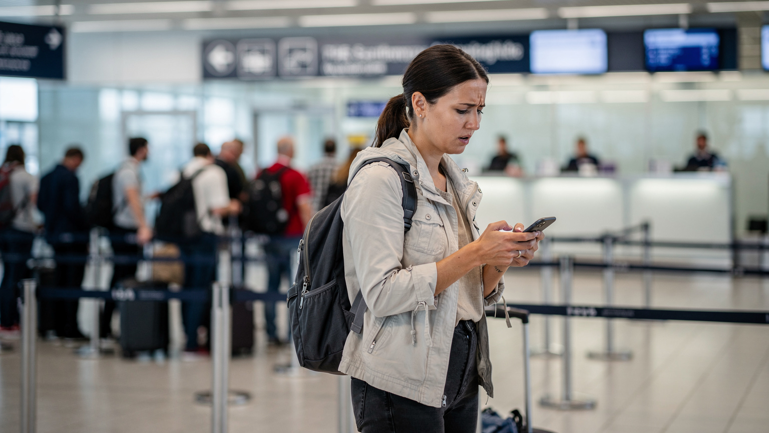 Eine junge Frau am Flughafen Berlin Brandenburg (BER) blickt besorgt auf ihr Smartphone, das eine Fehlermeldung zur eSIM-Installation anzeigt, während sie in der Schlange zur Passkontrolle steht.