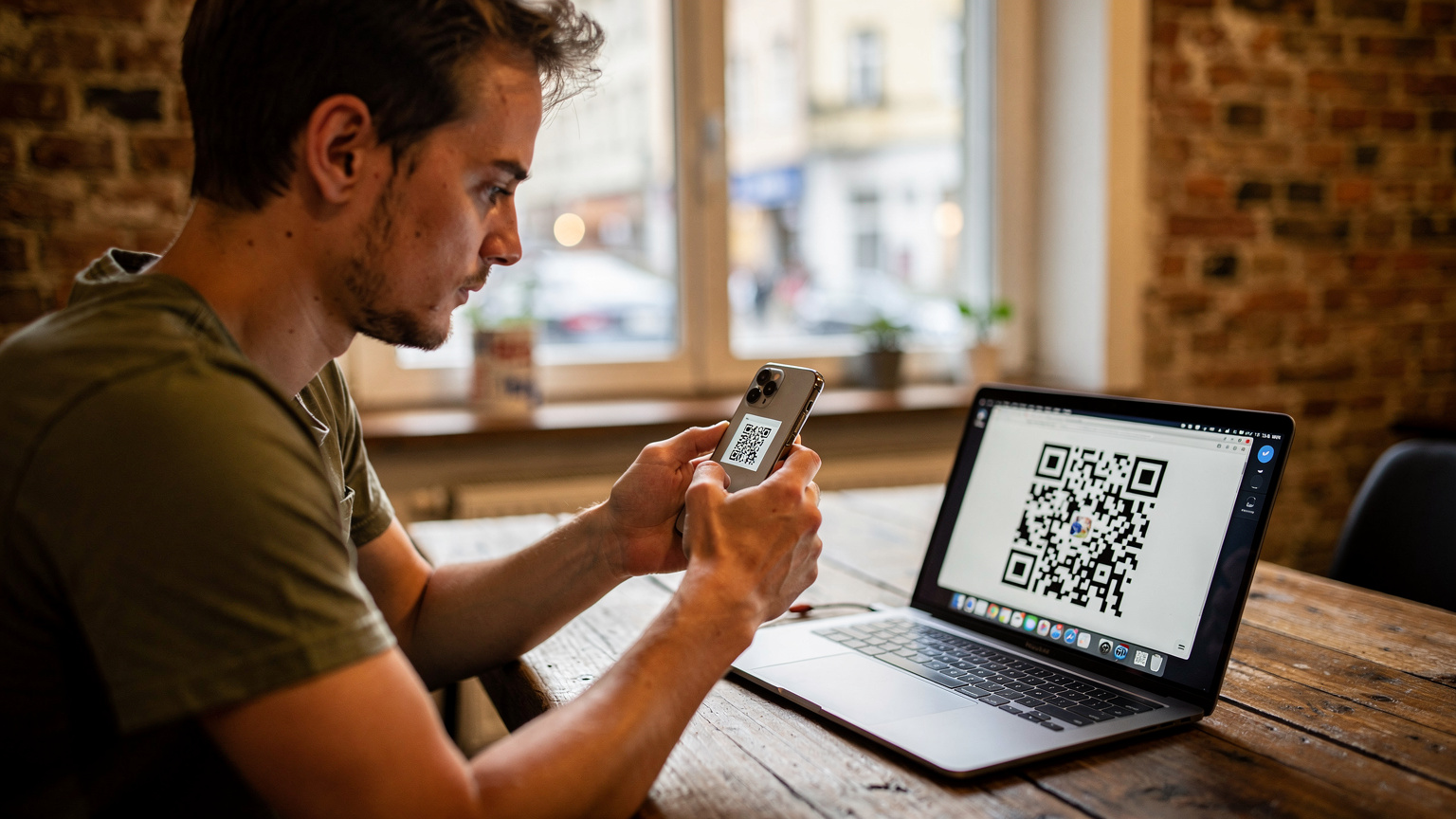 Ein Reisender scannt mit seinem iPhone den QR-Code zur Installation einer eSIM von einem Laptop-Bildschirm im Hostel in Prenzlauer Berg, Berlin.
