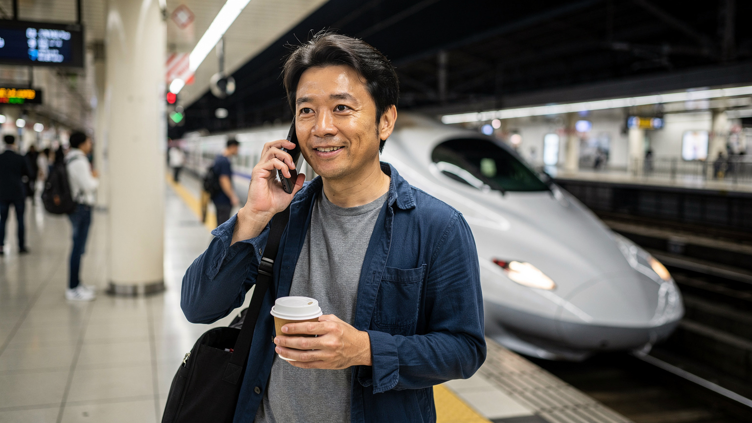 東京駅の新幹線ホームで、出発を待つ間にスマートフォンでLINE電話をかけている日本人男性。手にはコーヒーカップを持ち、リラックスした様子。