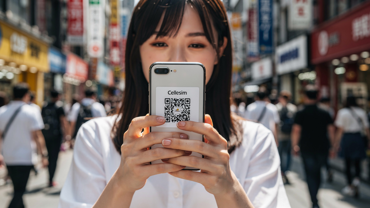 日本人旅行者が、ソウルの明洞の賑やかな通りを背景に、CellesimのeSIMをiPhoneに設定している様子。画面にはeSIMのQRコードが表示されている。