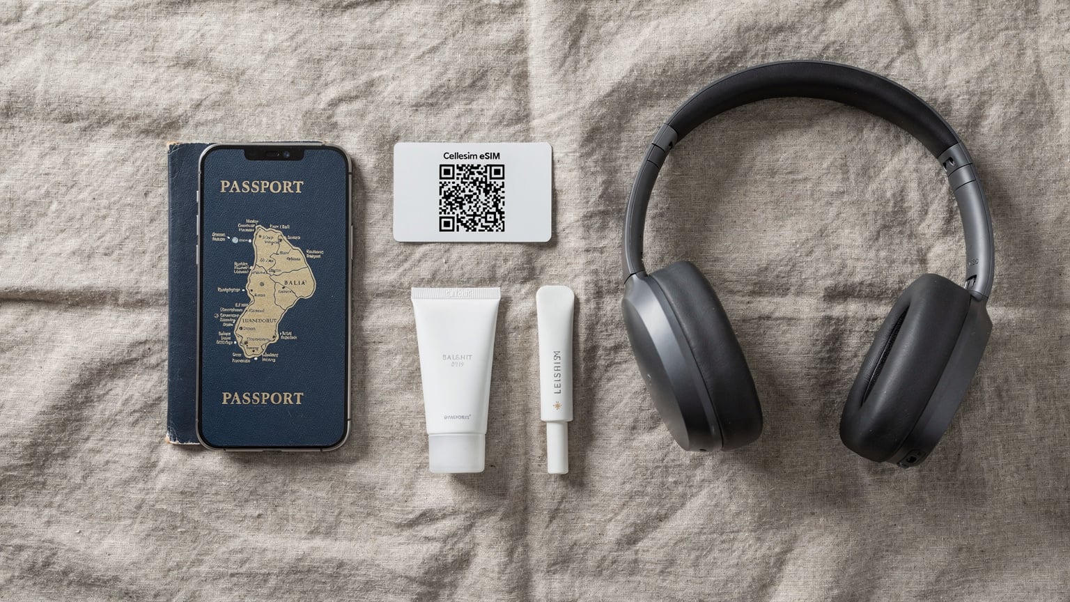 An overhead flat-lay of travel essentials including a passport, smartphone with Bali map, eSIM QR code, and headphones on linen.