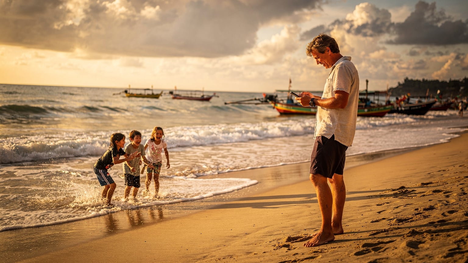 A family on Seminyak beach, Bali, with children playing near the shore and a parent discreetly checking their phone.