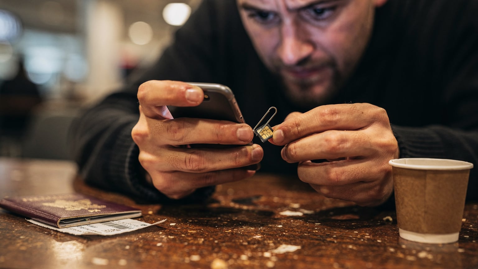 A close-up shot of a traveler's hands attempting to open a tiny SIM card tray with a paperclip at a dimly lit airport cafe table, looking frustrated, with a passport and boarding pass nearby.