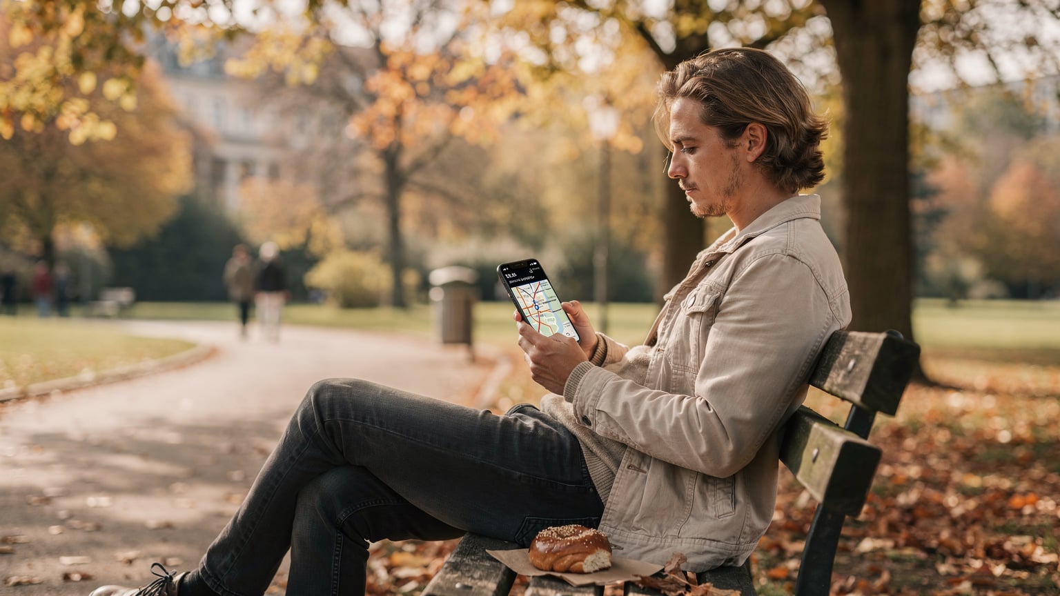 A person sitting on a park bench in Berlin's Tiergarten, looking intently at their smartphone, with the BVG app (Berlin public transport) open on the screen, a partially eaten pretzel on the bench beside them.