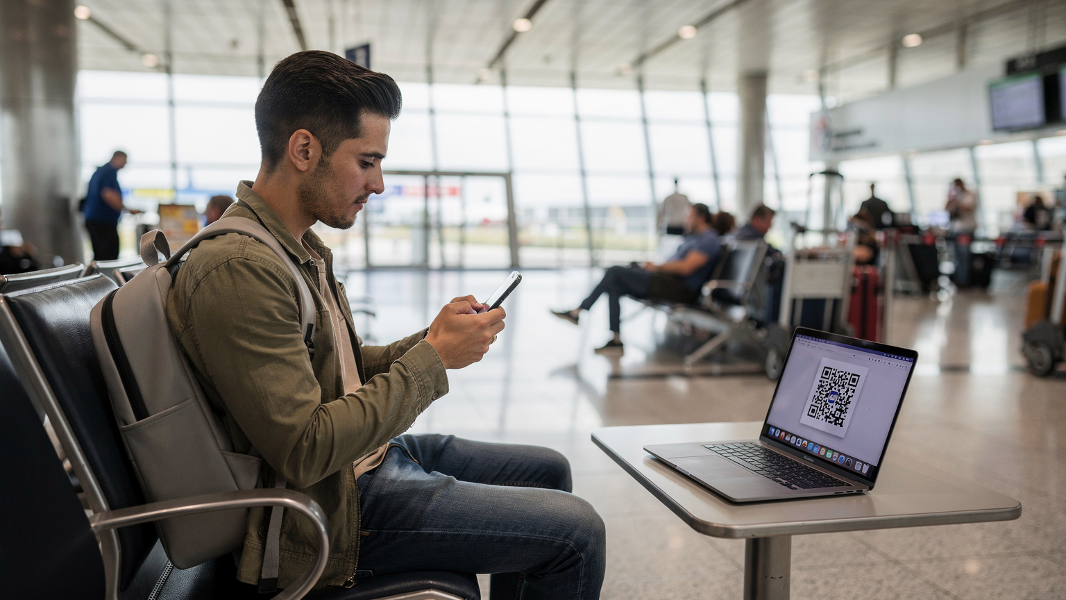 A traveler at a departure gate in Madrid Barajas Airport, scanning an eSIM QR code from their laptop screen onto their iPhone, with luggage visible.