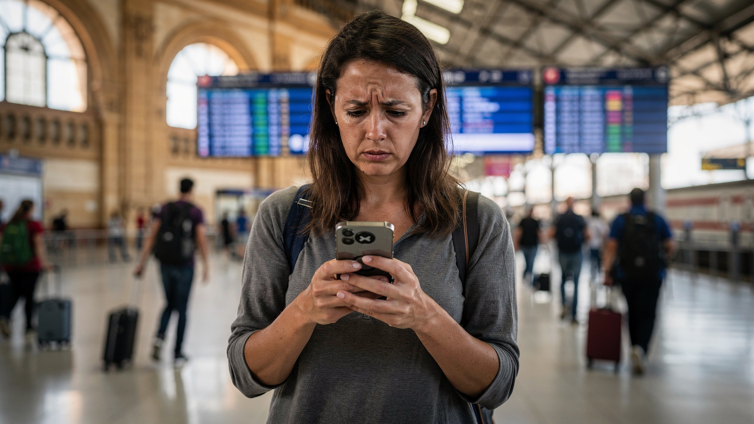 A traveler at a bustling train station in Seville, Spain, looking worriedly at their smartphone screen displaying a 'No Service' message.