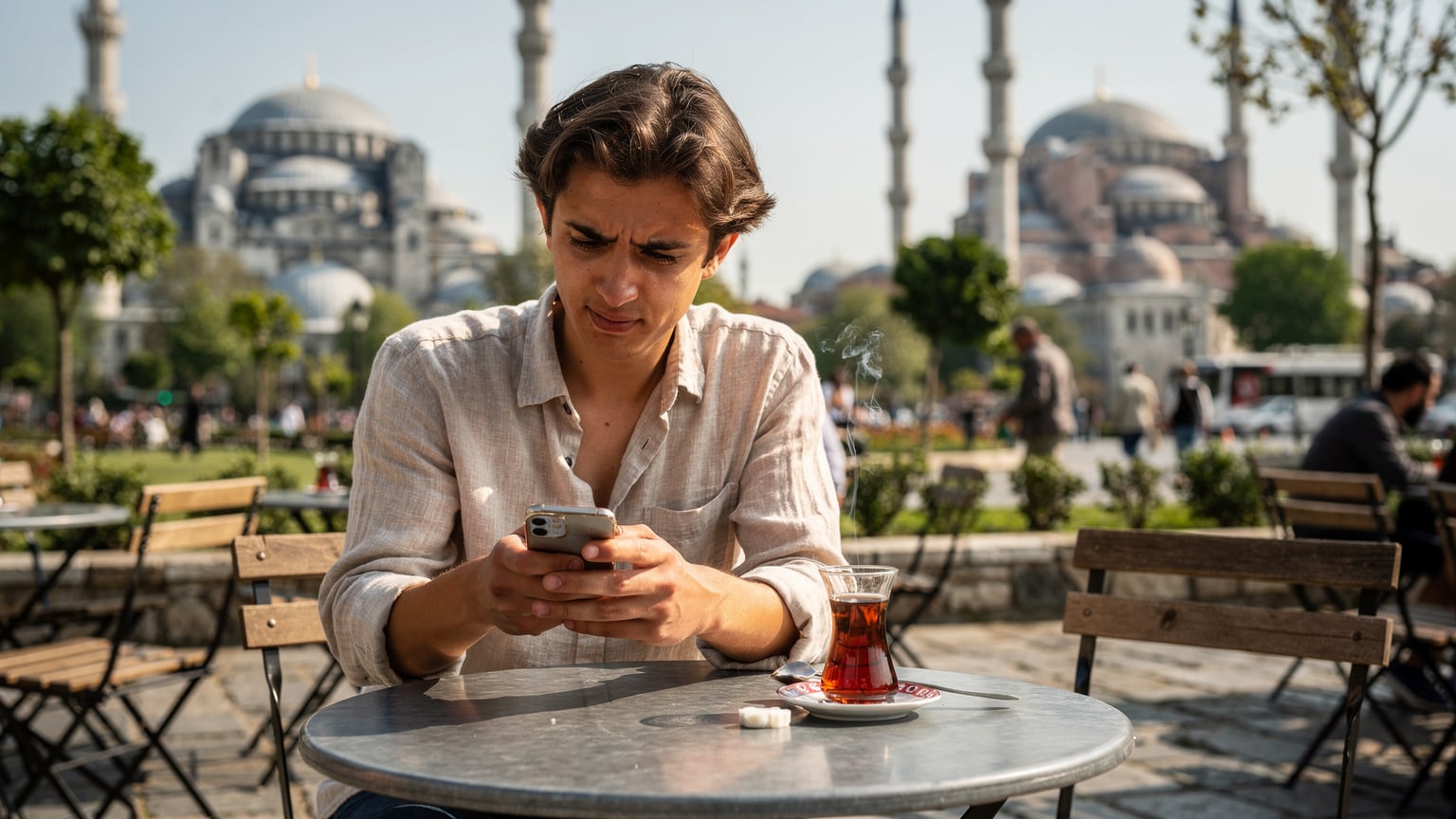 İstanbul'un Tarihi Yarımada'sında, Sultanahmet Camii'nin minareleri ve Ayasofya'nın silüeti arasında, bir Türk çay bahçesinde oturan bir kişinin akıllı telefonunda hızlıca bir uygulama açmaya çalıştığı anı gösteren fotoğraf.