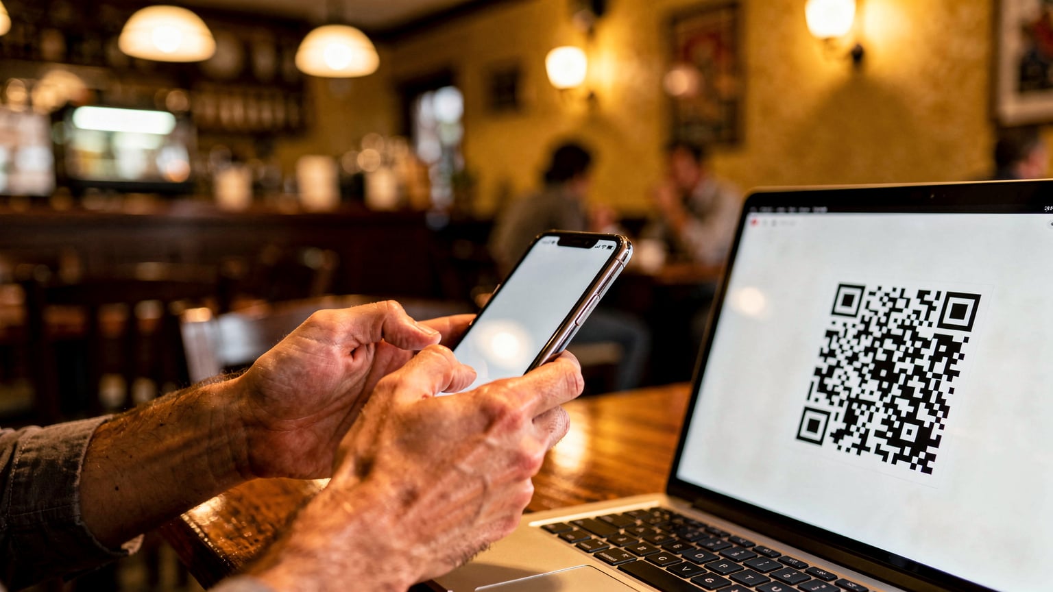 Nahaufnahme eines Smartphones in der Hand eines Reisenden, der gerade dabei ist, einen QR-Code auf einem anderen Bildschirm zu scannen. Im Hintergrund ist leicht verschwommen eine belebte Szene in einem Café in Skopje, Nordmazedonien, zu erkennen.