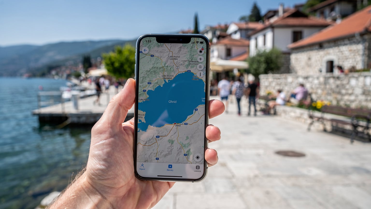 Eine Hand hält ein Smartphone mit einer geöffneten Karten-App, die den Ohridsee und die umliegende Stadt Ohrid zeigt. Im Hintergrund sind undeutlich die geschäftige Promenade und traditionelle Häuser zu erkennen.