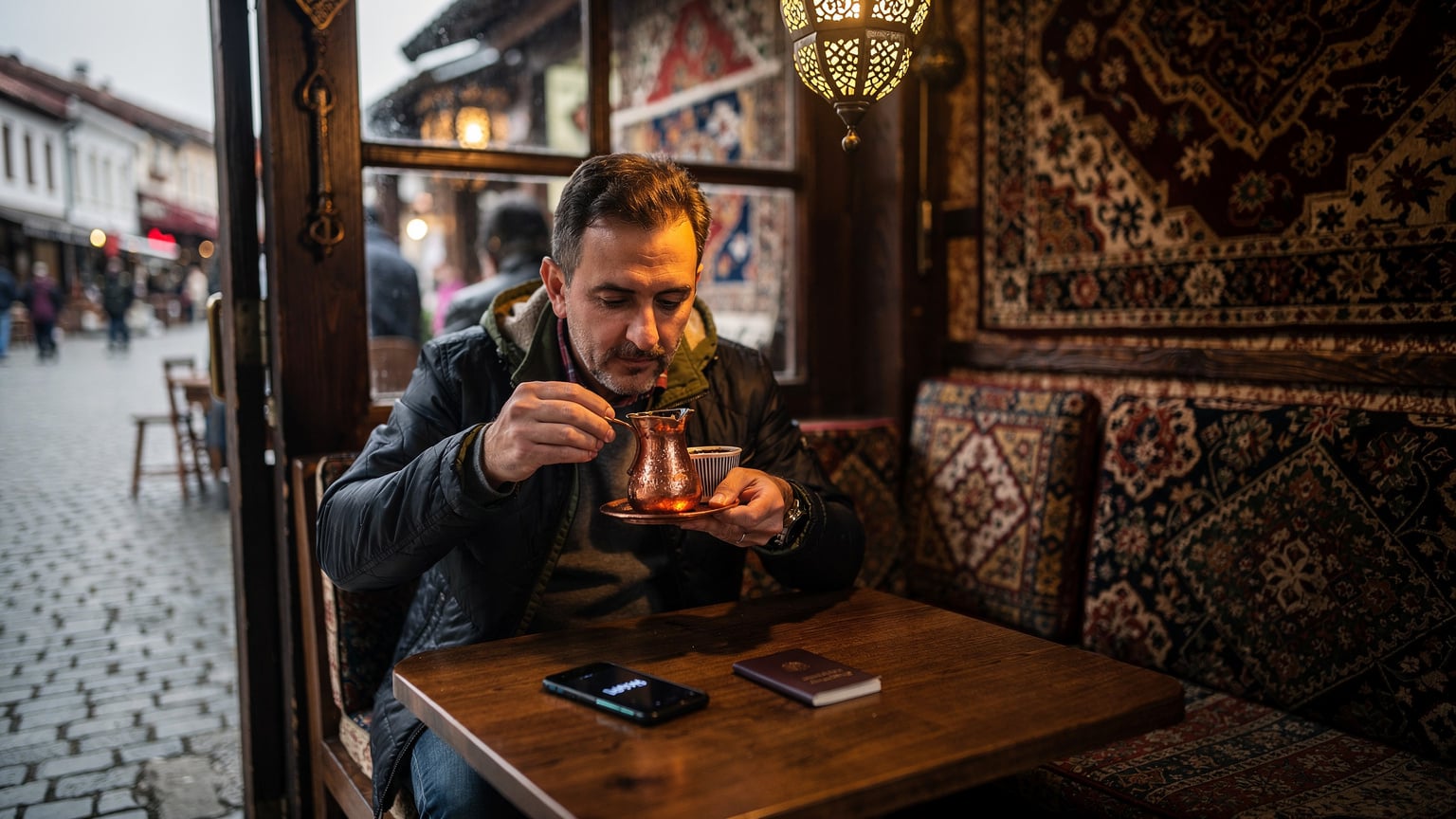 Een reiziger geniet van een kopje Bosnische koffie in een traditioneel café in de wijk Baščaršija in Sarajevo, terwijl haar smartphone met een eSIM-profiel discreet op tafel ligt.
