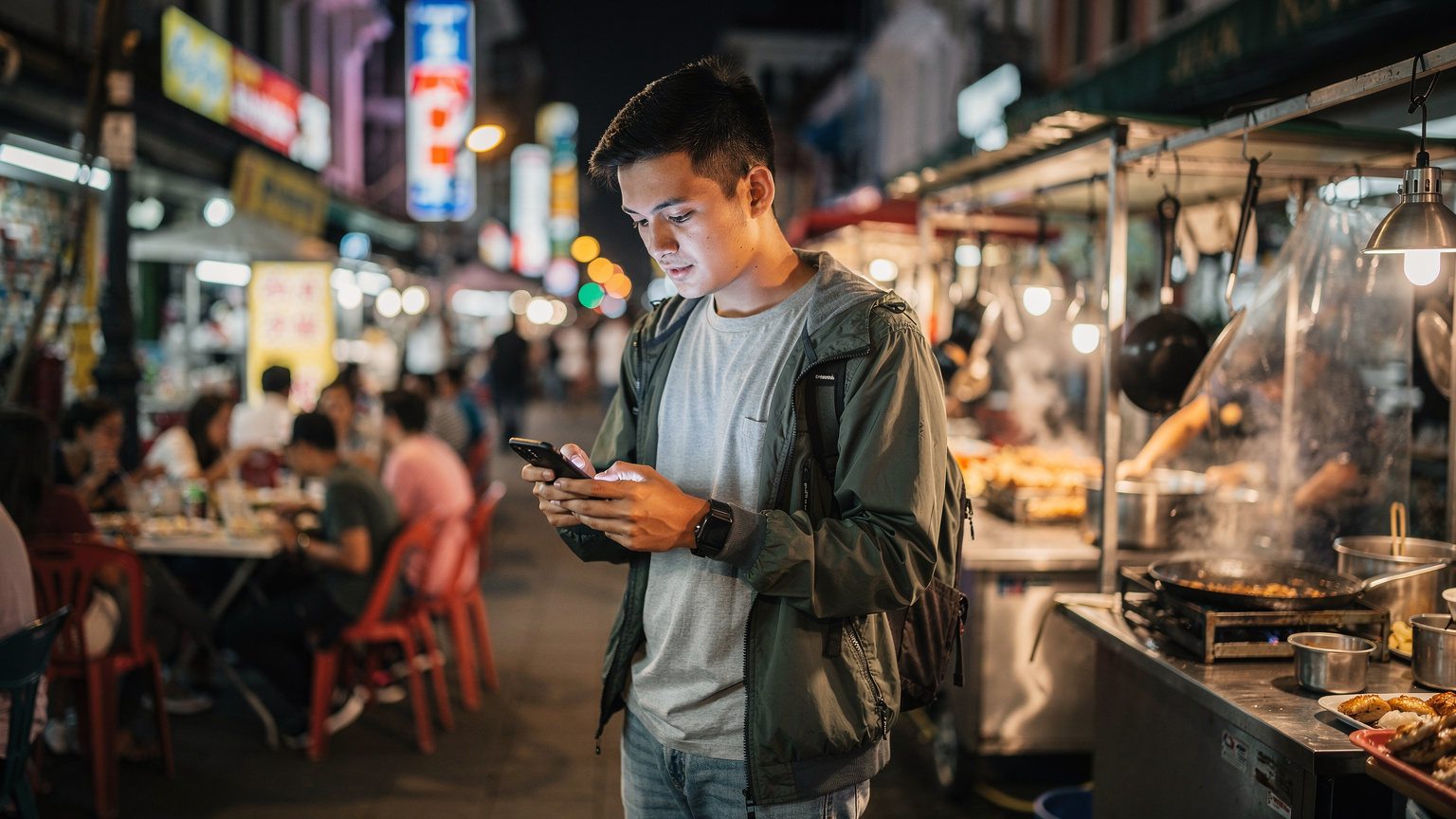 Seorang pengembara muda sedang melihat peta di telefonnya sambil berdiri di hadapan gerai makanan jalanan yang sibuk di sebuah lorong kecil di Bukit Bintang, Kuala Lumpur, pada waktu malam.