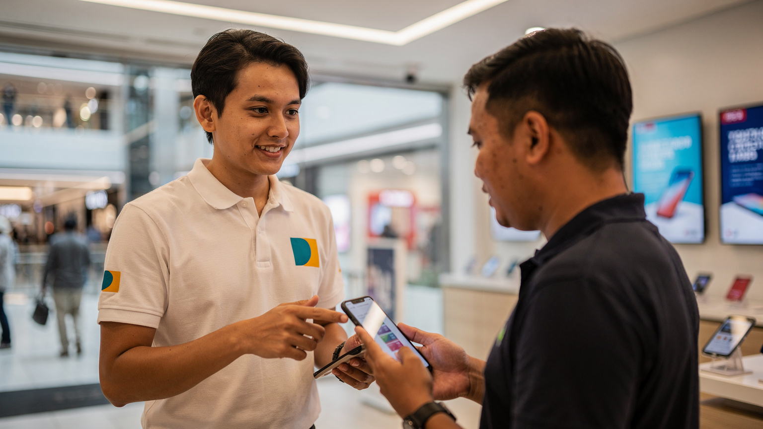 Seorang pekerja kaunter Digi sedang membantu seorang pelanggan dengan proses pendaftaran eSIM di sebuah kedai Digi yang cerah di pusat membeli-belah Pavilion Kuala Lumpur.