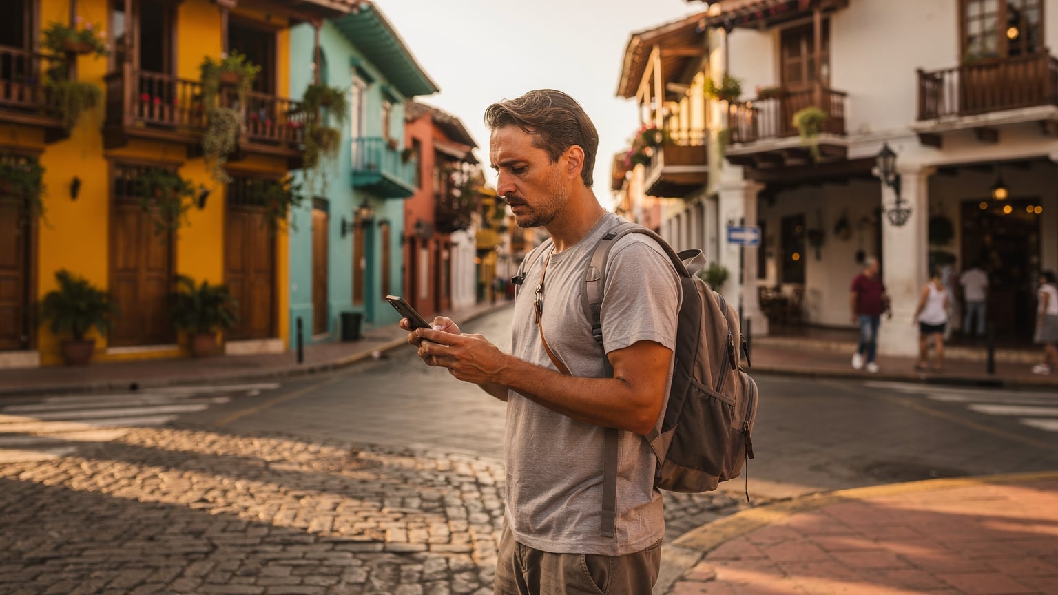A traveler uses their phone to check directions on a street corner in the historic center of Cartagena, Colombia, amidst colorful colonial buildings.