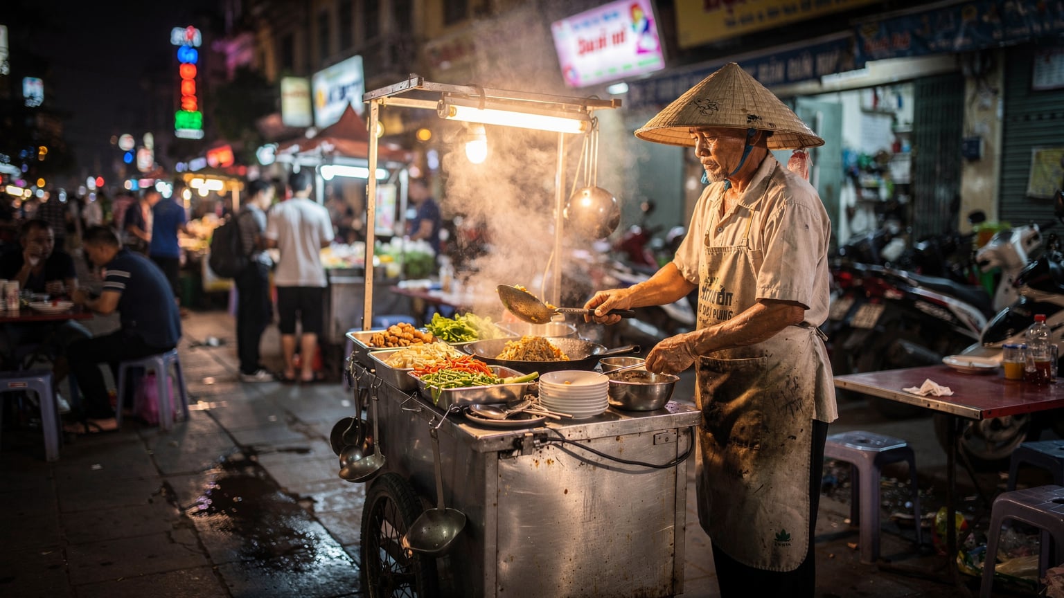 A street food vendor in a bustling night market in Hanoi, Vietnam, prepares a dish, with a neon sign glowing in the background and numerous passersby.