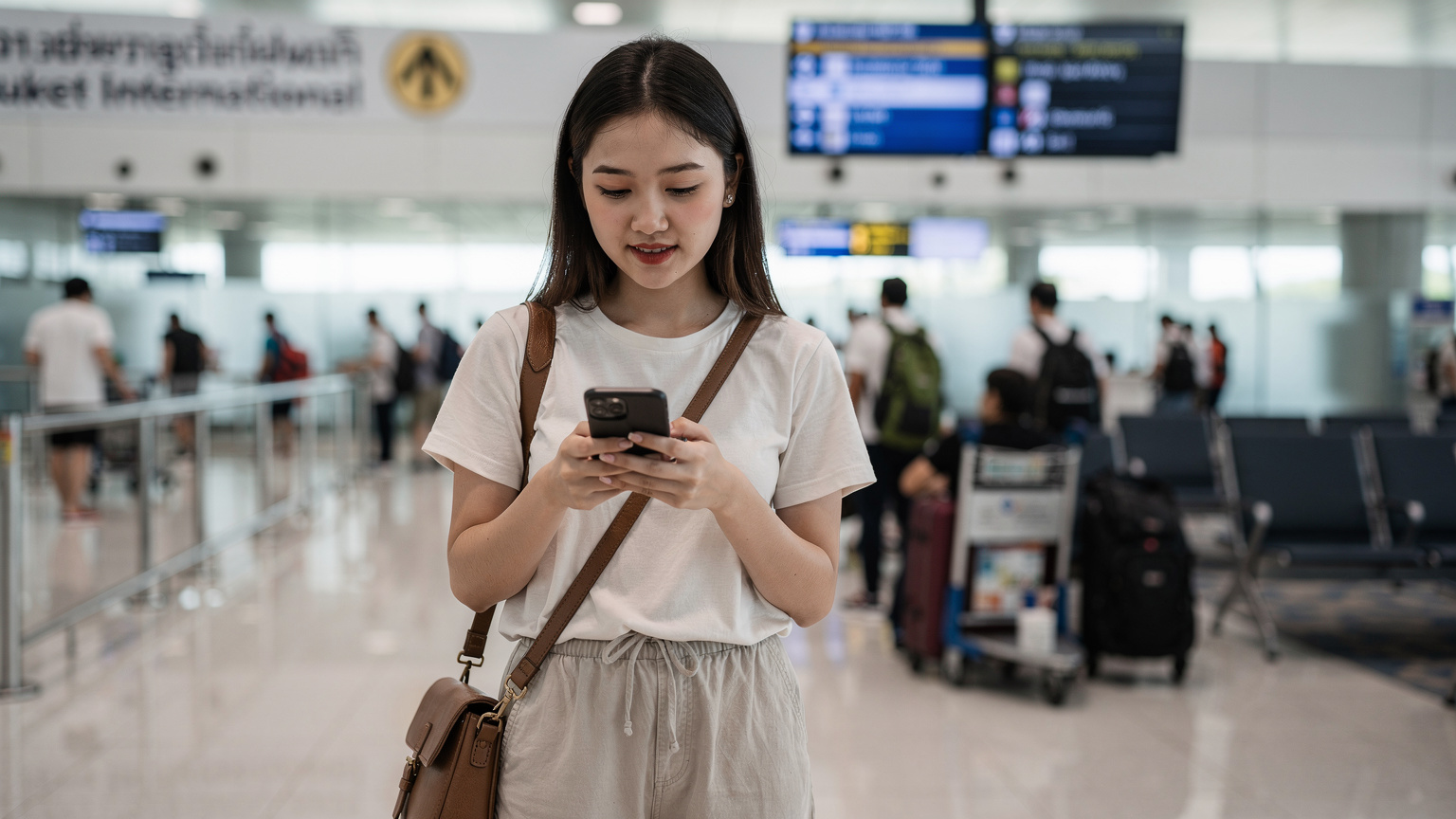 Một du khách đang xem xét các lựa chọn eSIM trên điện thoại của mình trong khi chờ đợi tại sảnh đến của Sân bay Quốc tế Phuket (HKT), với dòng người và biển hiệu phía sau.