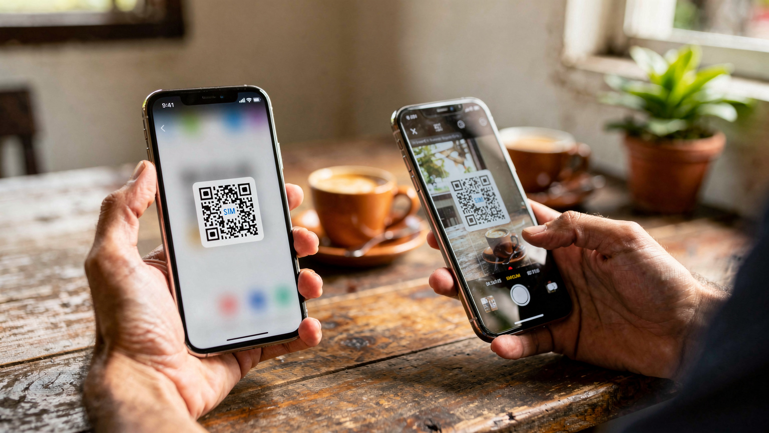 Một đôi bàn tay đang cầm điện thoại thông minh, hiển thị màn hình cài đặt eSIM với mã QR sẵn sàng để quét. Bối cảnh là một bàn cà phê mộc mạc tại một quán cà phê ở Phuket Town.