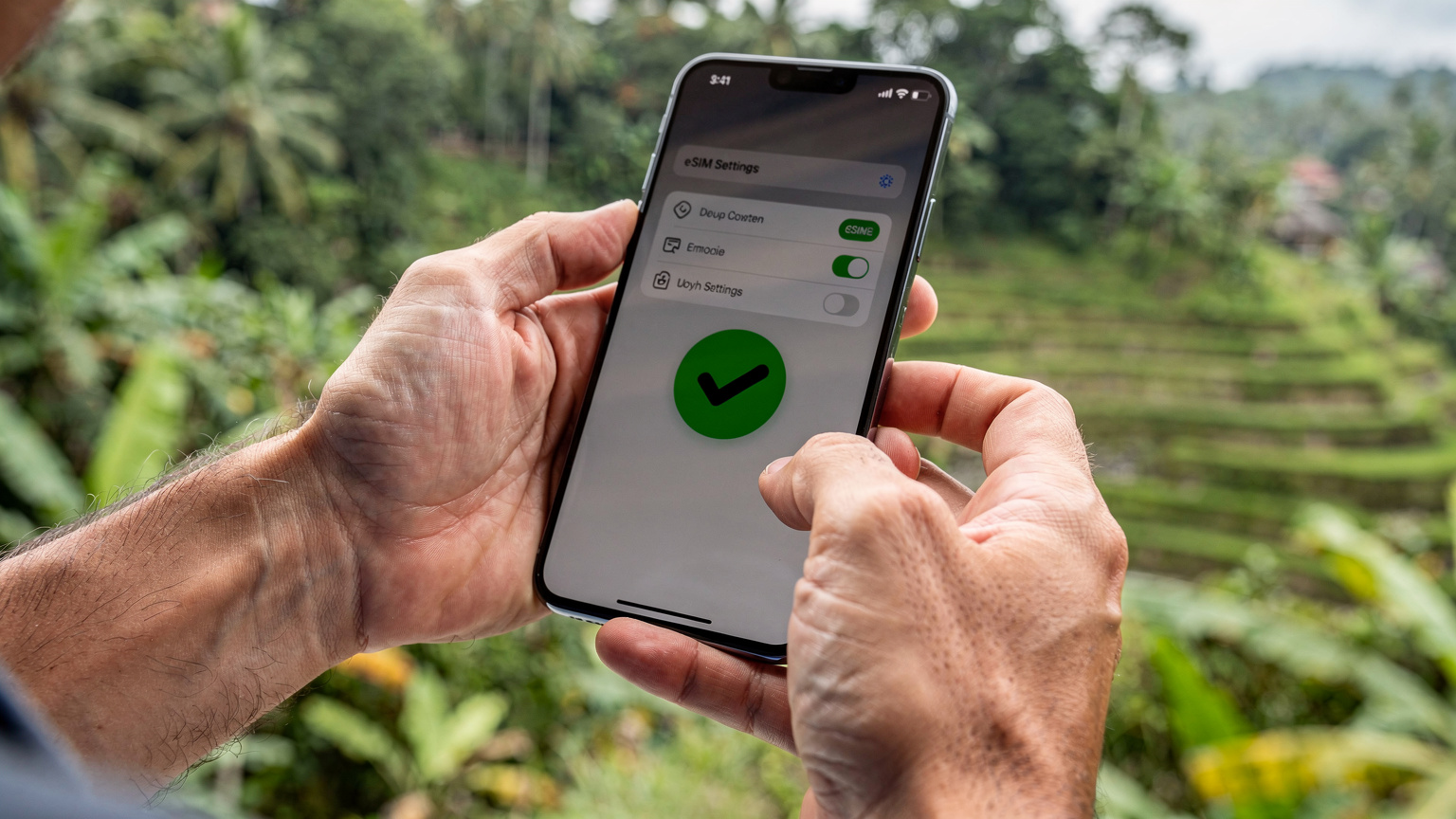 ידיים אוחזות בסמארטפון, מציגות מסך הגדרות eSIM עם קוד QR שנסרק בהצלחה, על רקע נוף טרופי מטושטש של באלי.