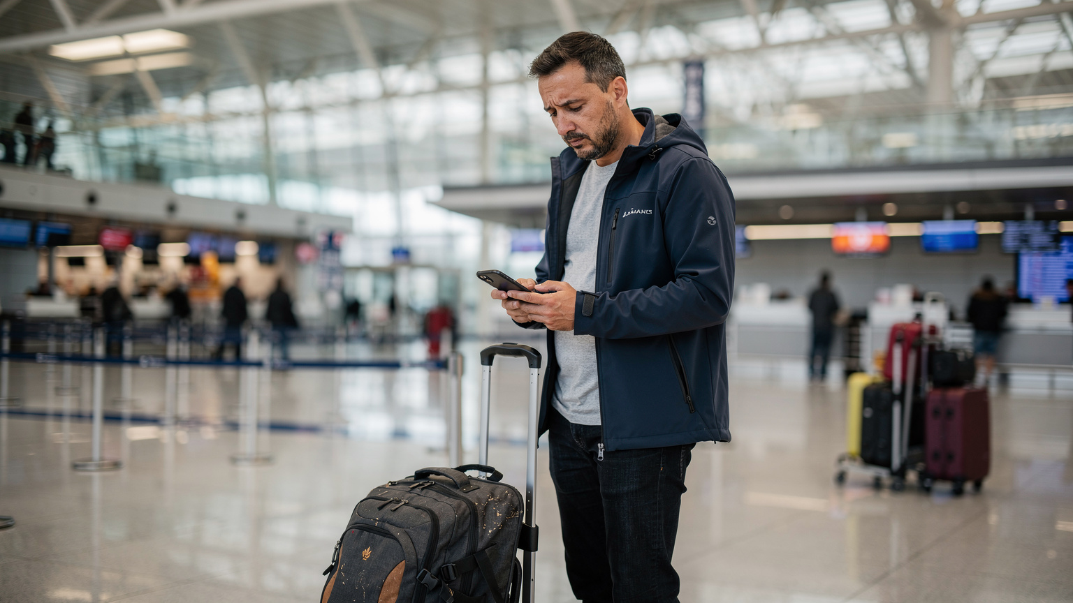 Un călător privește îngândurat telefonul său la biroul de check-in al aeroportului din Istanbul (IST), cu un rucsac de călătorie așezat la picioare.