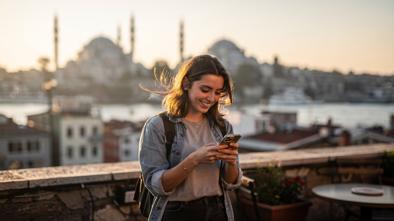 O tânără călătoare zâmbește în timp ce privește ecranul telefonului său, având în fundal o panoramă a Bosforului cu Aya Sofia și Moscheea Albastră la apus, în Istanbul.