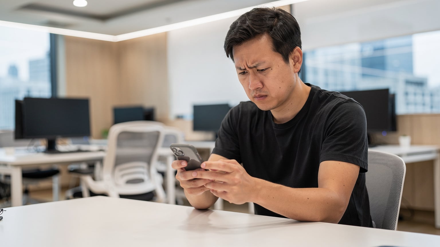 A digital nomad, looking frustrated, attempting to complete an online verification on their smartphone in a modern, well-lit co-working space in Gangnam, Seoul, with sleek office furniture and screens in the background.