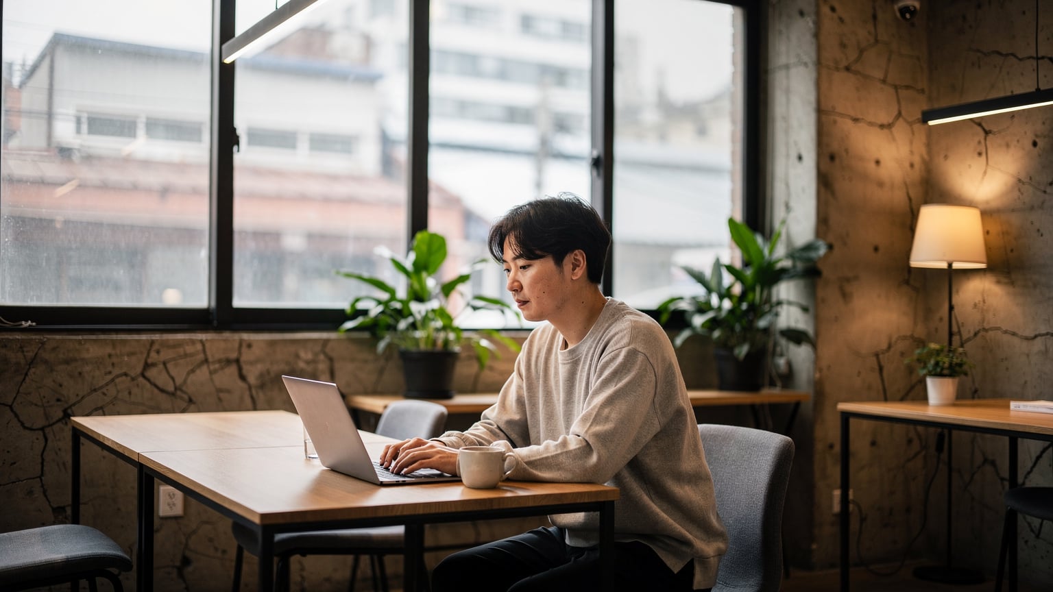 A person sitting at a desk in a modern, minimalist co-working space in Seongsu-dong, Seoul, with a laptop open and a coffee cup, looking relaxed and productive, symbolising seamless connectivity for remote work.