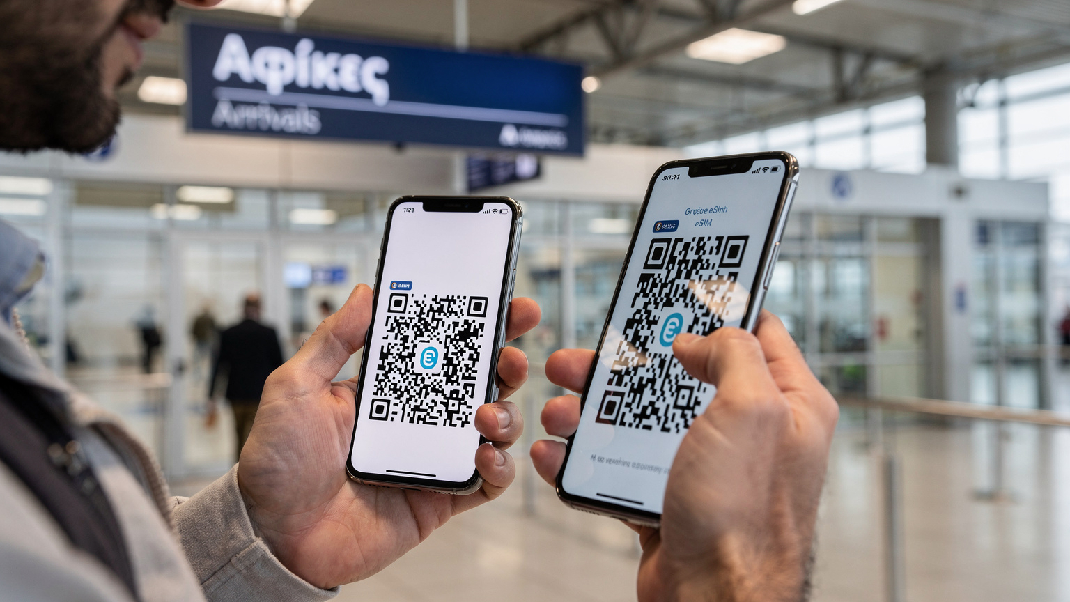 مسافر عربي يمسح رمز QR من بريده الإلكتروني على هاتفه لتفعيل شريحة eSIM في مطار أثينا، تظهر خلفه لوحات إرشادية باليونانية والإنجليزية.