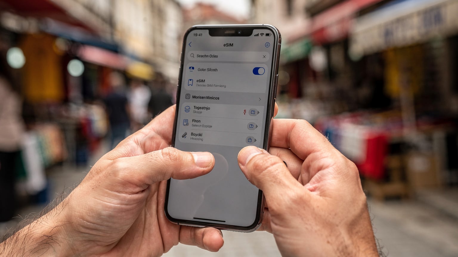 Nahaufnahme eines Smartphones in den Händen eines Reisenden, der die eSIM-Einstellungen auf seinem Display überprüft. Der Hintergrund zeigt eine leicht unscharfe Szene eines belebten Marktplatzes in Skopje.