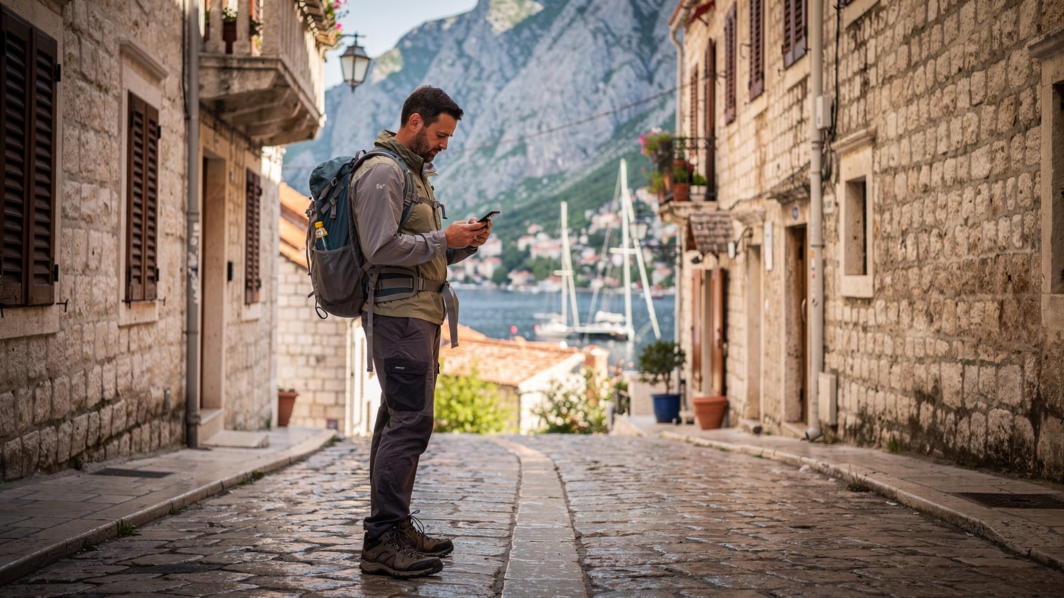 Ein Reisender navigiert durch die Gassen von Kotor, Montenegro, während er eine Karte auf seinem Smartphone studiert. Im Hintergrund erheben sich die beeindruckenden Berge und die mittelalterliche Stadtmauer.