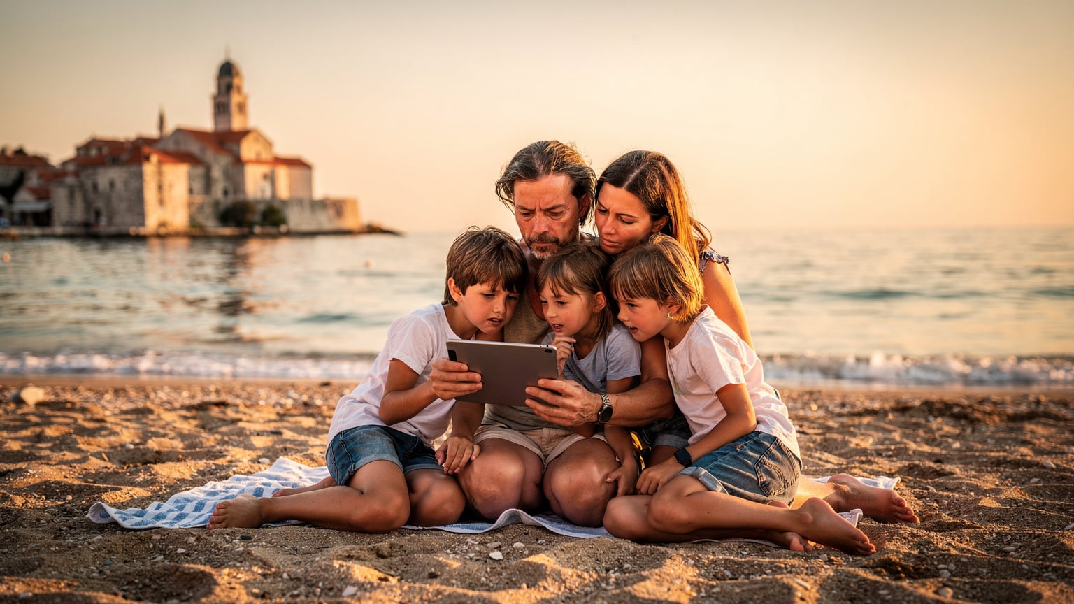 Eine Familie mit zwei Kindern am Strand von Budva, Montenegro, versucht, eine Internetverbindung auf ihrem Tablet herzustellen, während die Sonne langsam untergeht.