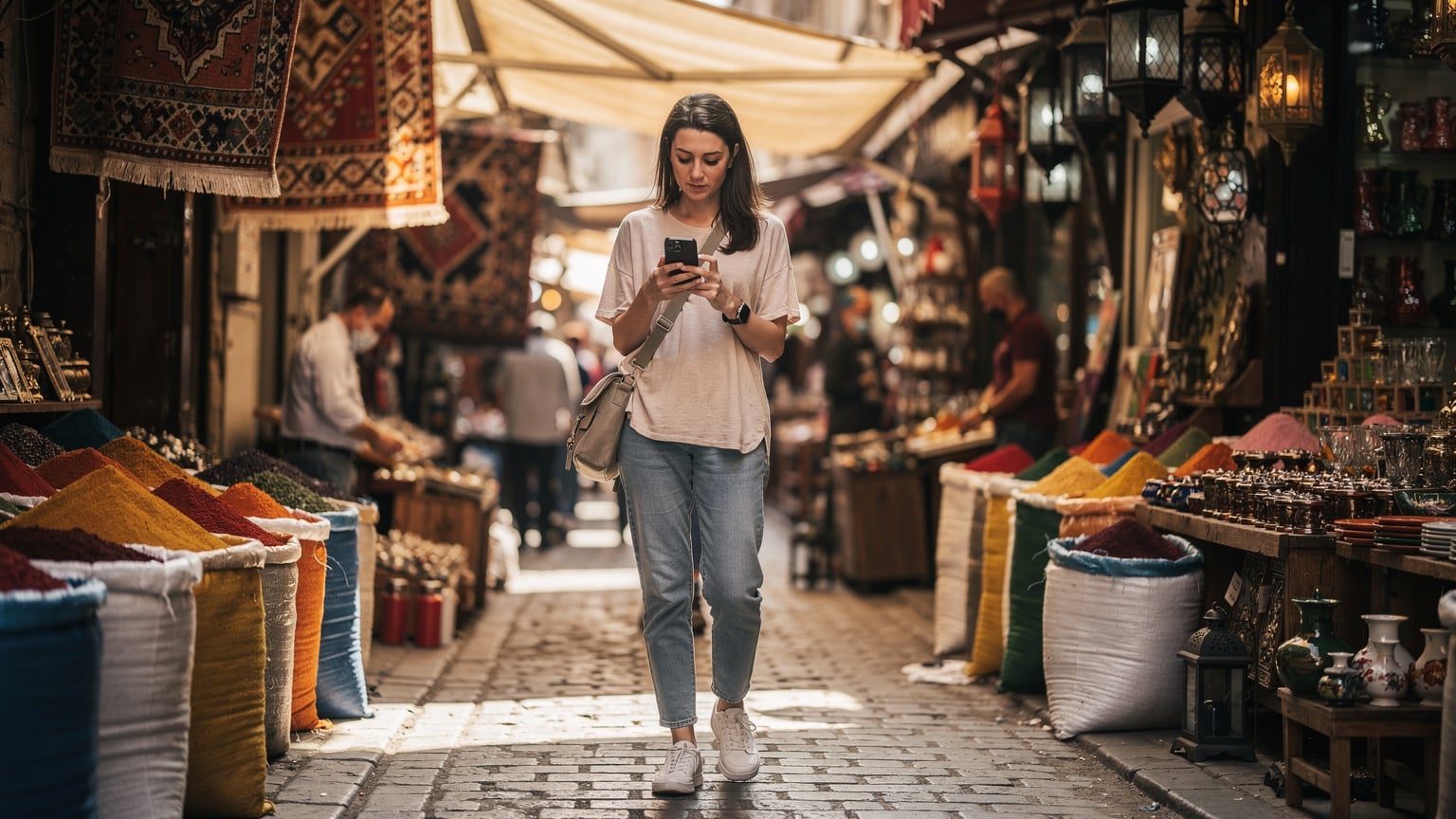 İstanbul'da tarihi bir sokak pazarında, elinde akıllı telefon tutan bir kadın eSIM kurulum adımlarını kontrol ediyor. Çevresinde tezgahlar ve kalabalık var.