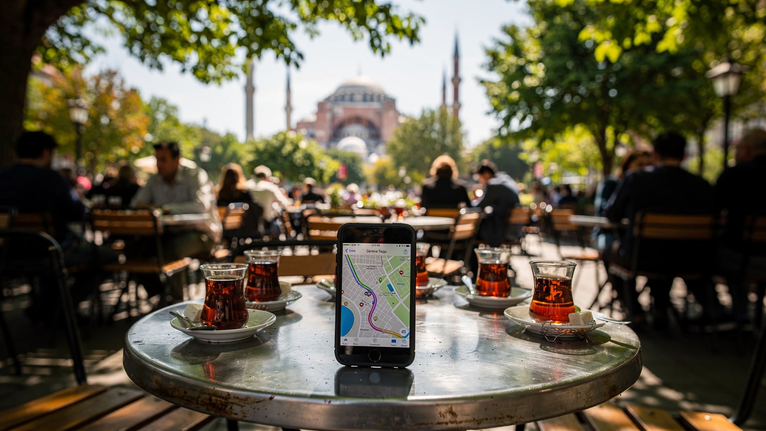 İstanbul'un tarihi Sultanahmet bölgesinde, bir çay bahçesinde masada duran, ekranında harita uygulaması açık bir akıllı telefon.