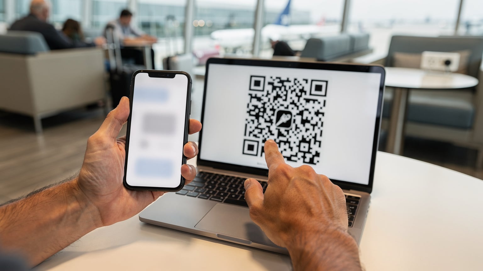 Eine Nahaufnahme von Händen, die ein iPhone 11 halten, während ein QR-Code auf einem Laptop-Bildschirm gescannt wird, in einem hellen, modernen Flughafen-Lounge-Bereich.