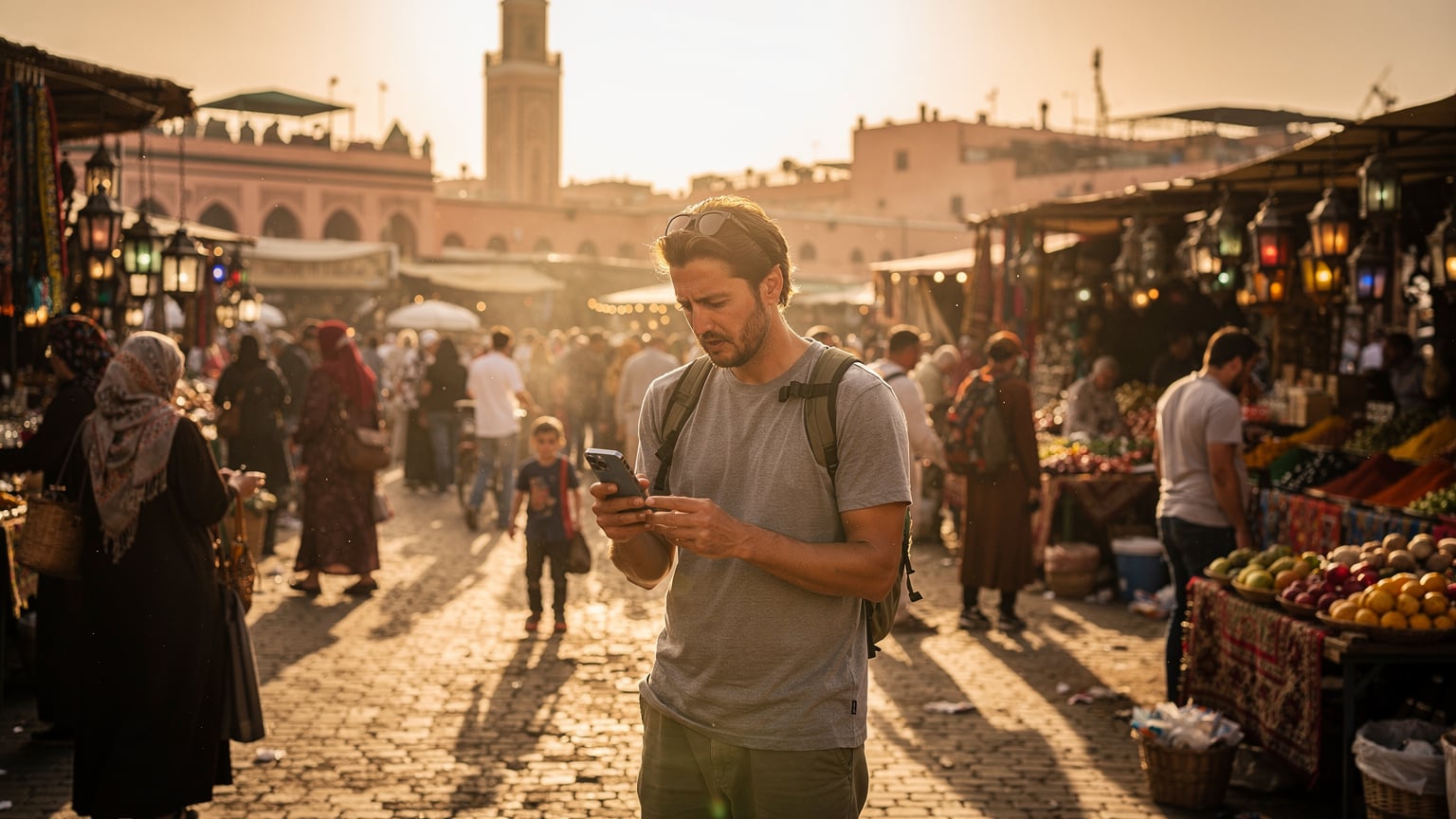 Eine Aufnahme eines belebten Marktplatzes in Marrakesch, Marokko, mit einer Person, die sich im Hintergrund orientiert und auf ihr iPhone schaut, um die Route zu überprüfen.