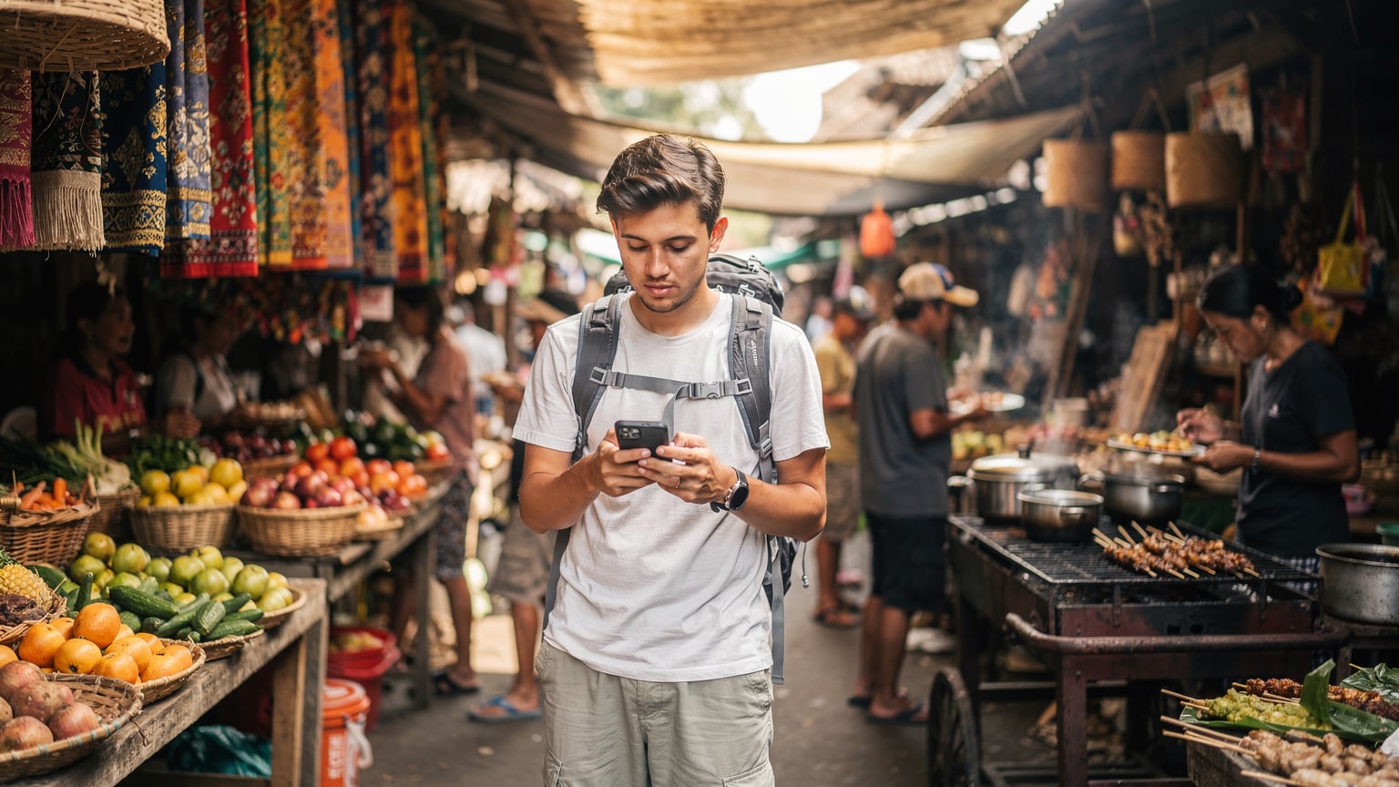 A traveler in a bustling Ubud market, actively comparing prices for street food on their smartphone, with various local crafts and food stalls in the background, showcasing the common use of data for daily activities.