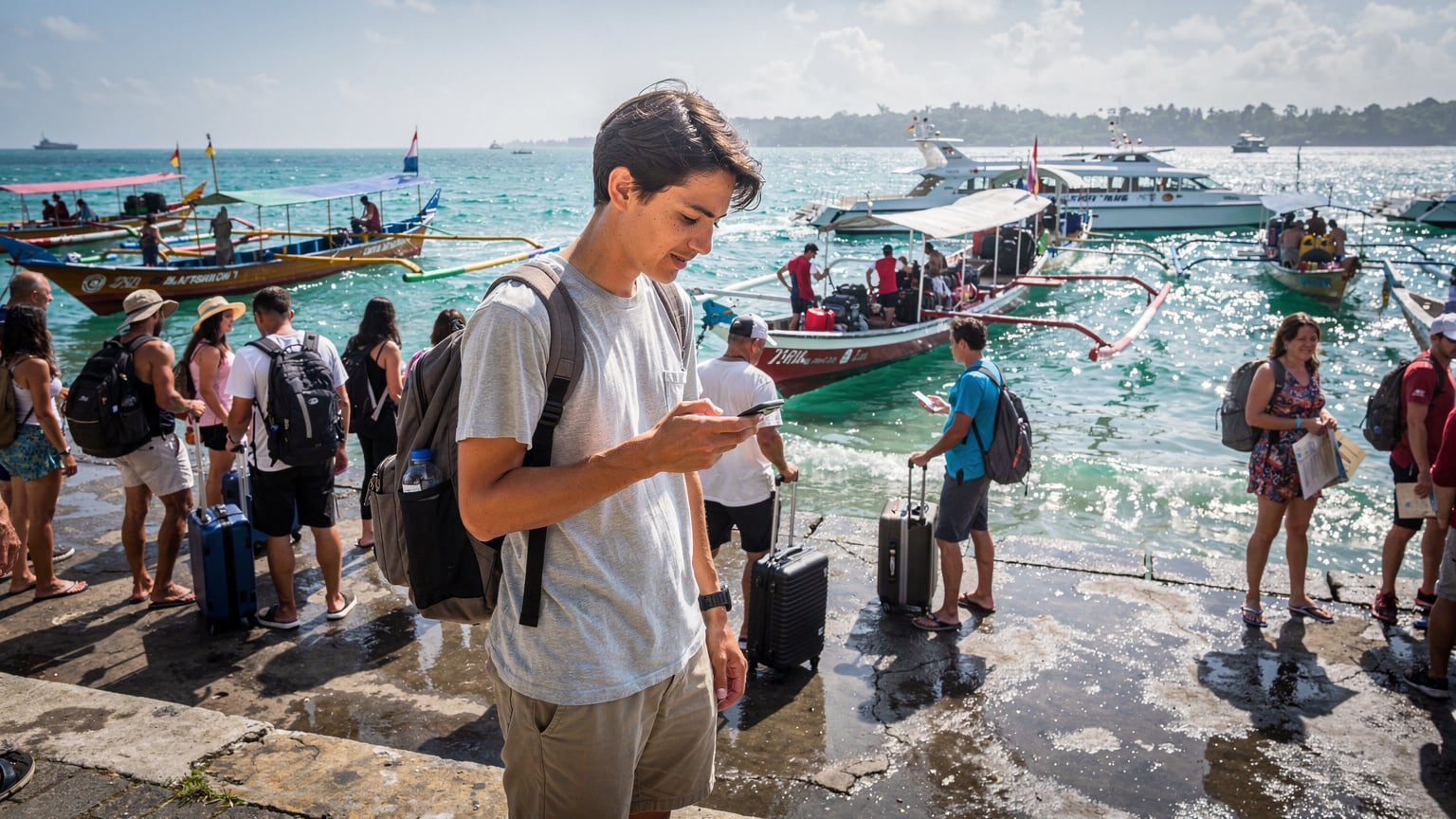 A traveler standing at a busy port in Sanur, Bali, waiting for a ferry to Nusa Lembongan, looking at their phone and confirming ferry details, amidst other travelers and local boats, highlighting connectivity needs during inter-island travel.