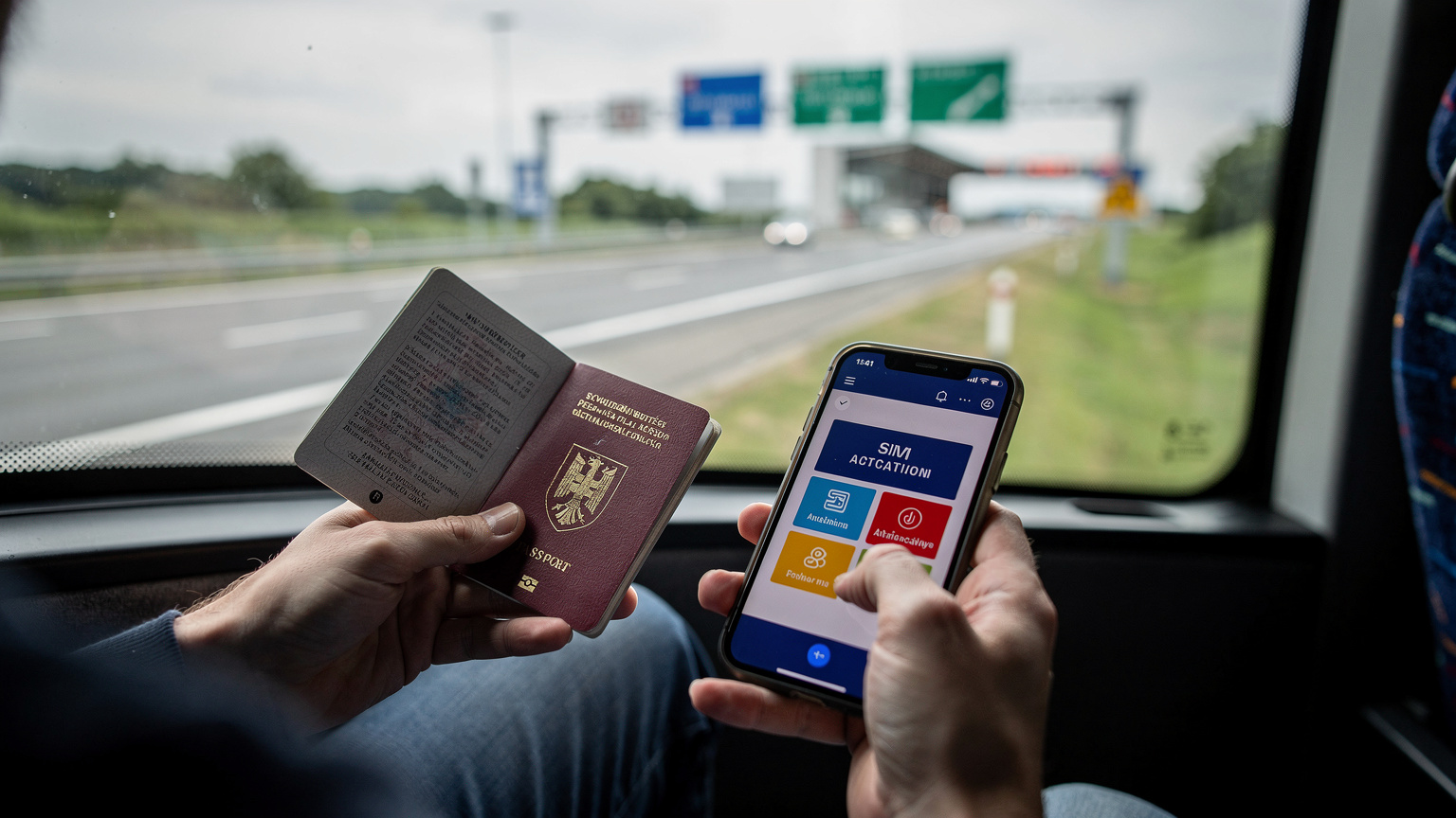 Ruky cestovateľa v autobuse FlixBus, ktorý sa chystá prejsť hranicu. Jedna ruka drží pas, druhá smartfón s displejom eSIM aplikácie.