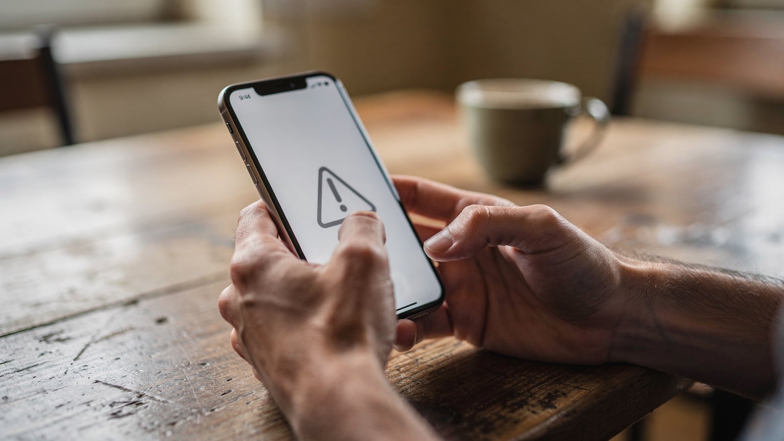 Eine Nahaufnahme von Händen, die ein Smartphone halten, auf dem der Bildschirm eine Fehlermeldung bei der eSIM-Aktivierung anzeigt, was Frustration und Verwirrung ausdrückt.