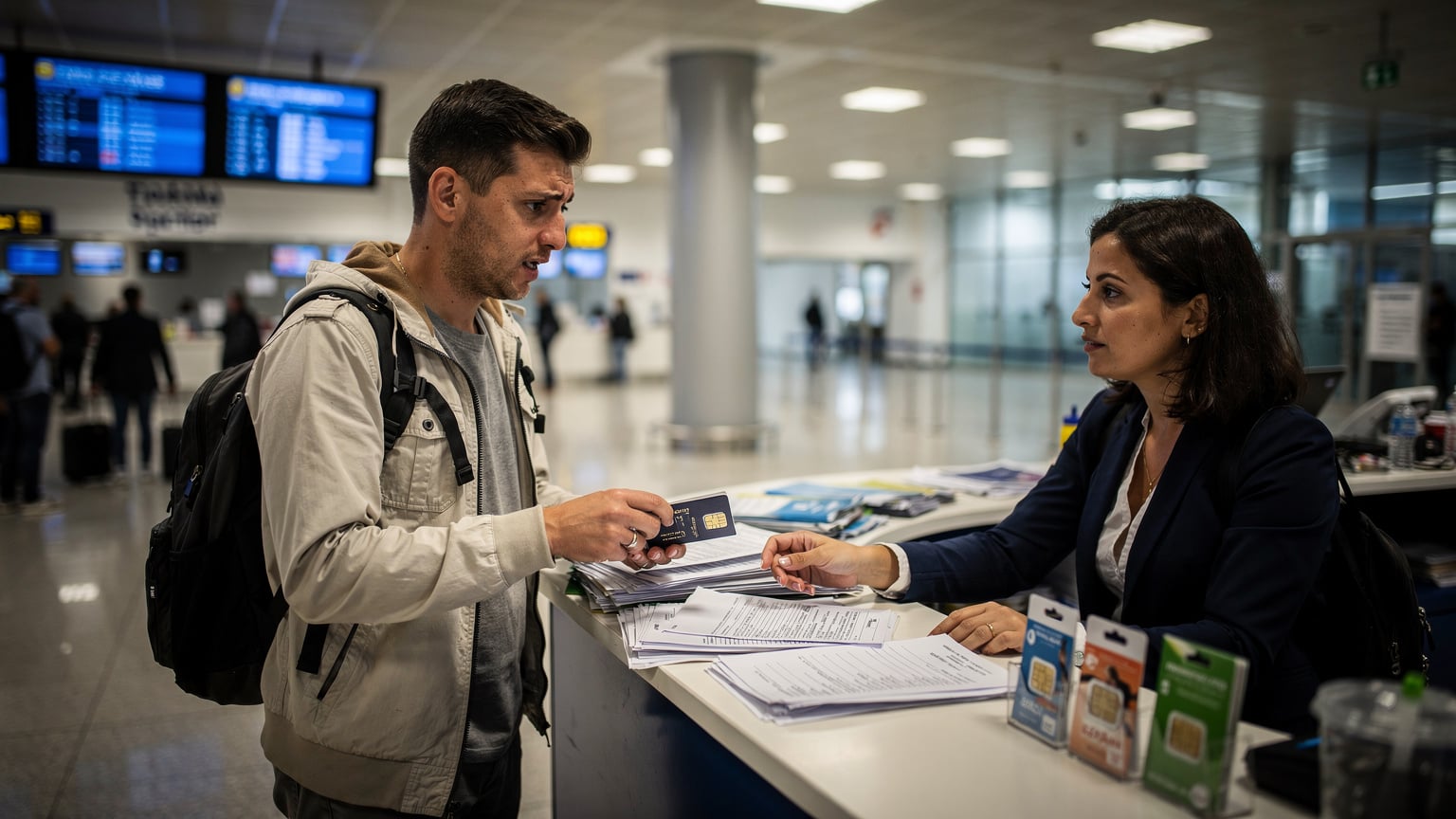 Eine Person versucht am Flughafen Tirana, Albanien, eine physische SIM-Karte zu kaufen, wirkt aber verwirrt durch die Sprachbarriere und die komplizierten Formulare.