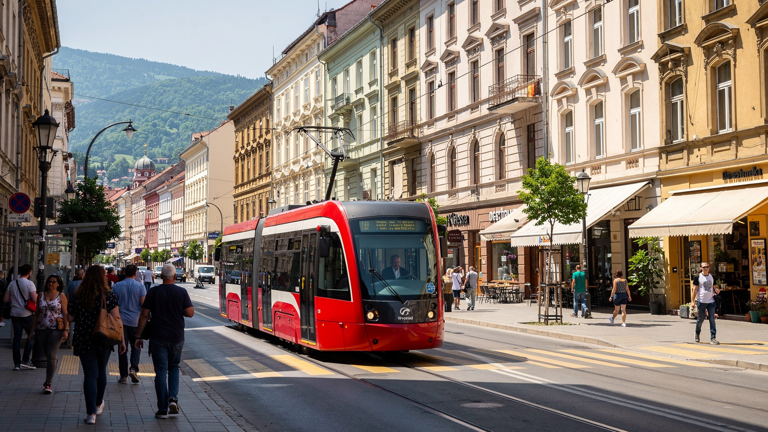 En modern spårvagn rör sig genom en livlig gata i centrala Sarajevo, med människor som går längs trottoarerna och historiska byggnader i bakgrunden.
