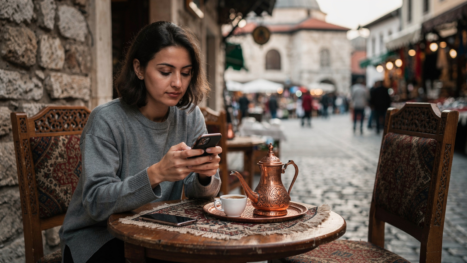 En kvinna sitter på ett café i Gamla Stan i Sarajevo och använder sin smartphone för att navigera, med en traditionell kopp kaffe bredvid.