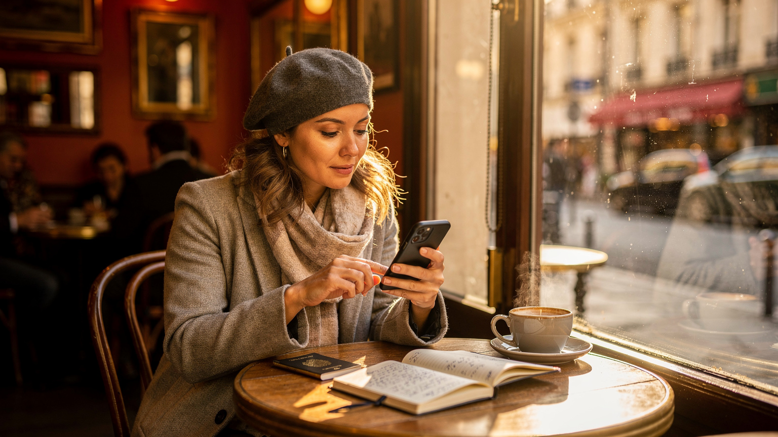 Un café animé dans le quartier du Marais à Paris, avec une voyageuse utilisant son téléphone pour comparer des plans eSIM sur une table en bois, son passeport et un carnet de voyage à côté d'elle.