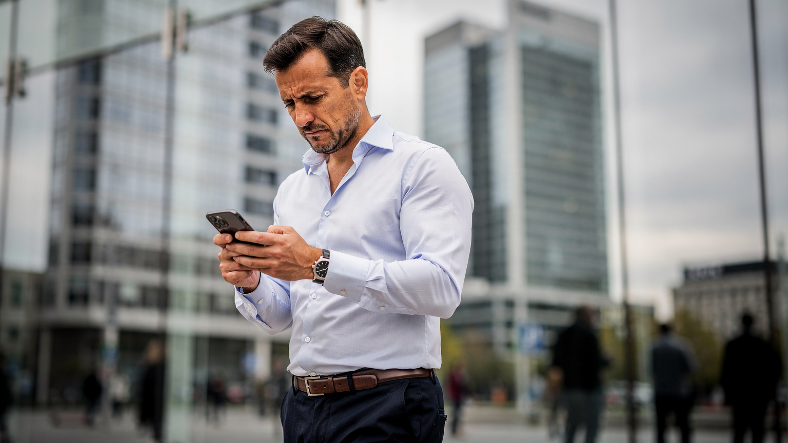 Un homme d'affaires dans le quartier de La Défense à Paris, regardant son smartphone avec une expression d'agacement, essayant de résoudre un problème de connexion mobile, avec des gratte-ciel en arrière-plan.