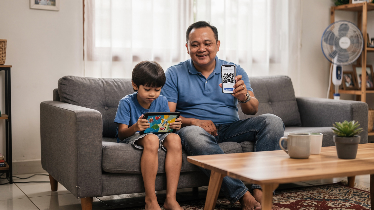 Seorang ayah dengan rambut hitam pendek, kemeja polo biru, dan celana jeans, duduk di sofa abu-abu, tersenyum sambil memegang ponselnya yang menampilkan QR code. Di sebelahnya, anak laki-lakinya berusia 8 tahun, dengan rambut hitam, kaus biru, dan celana pendek, sedang fokus bermain game di iPad.