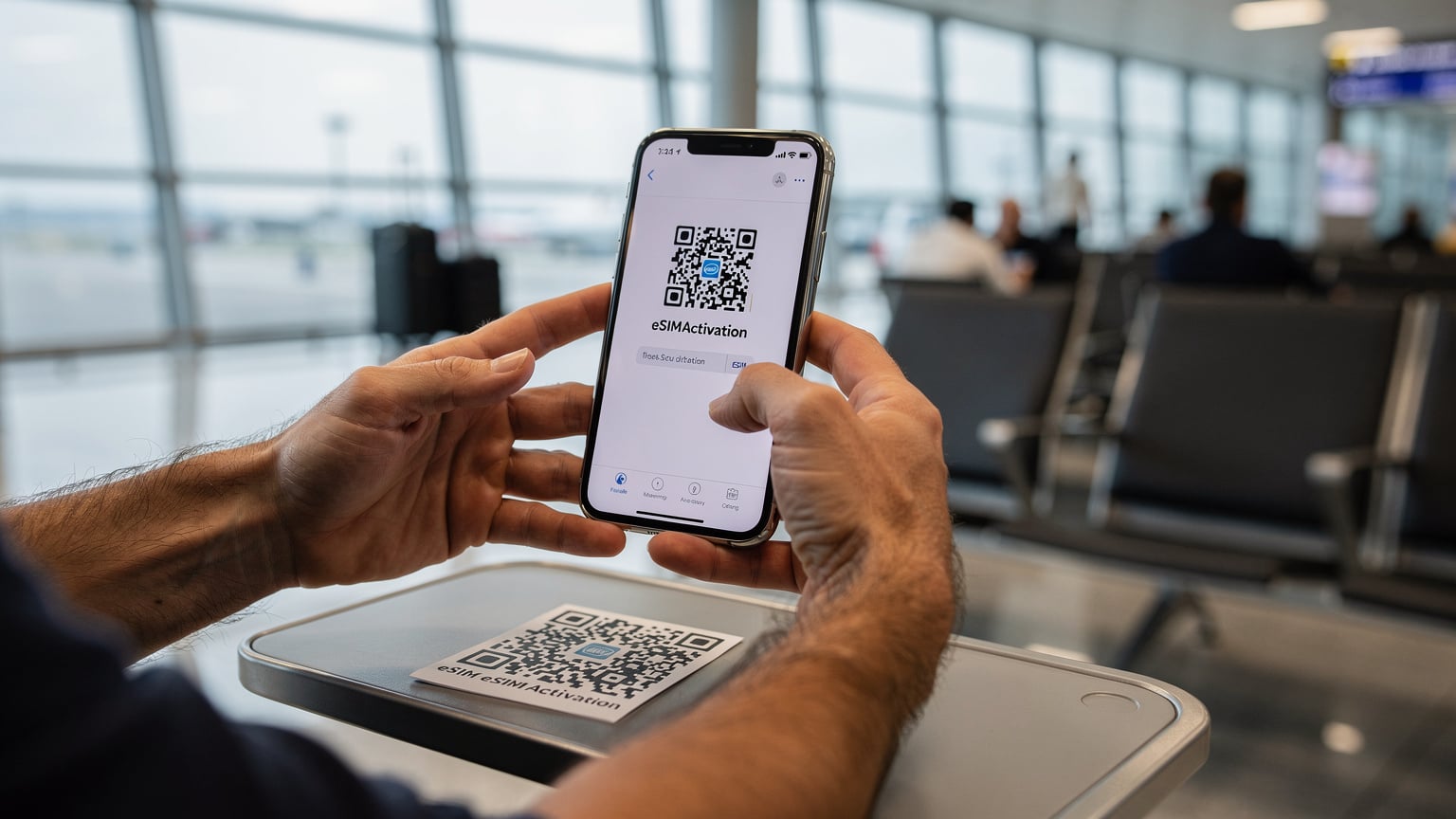 A close-up shot of a traveler's hands holding a smartphone, with the screen displaying a QR code for eSIM activation, against the blurry backdrop of a busy airport departure lounge.