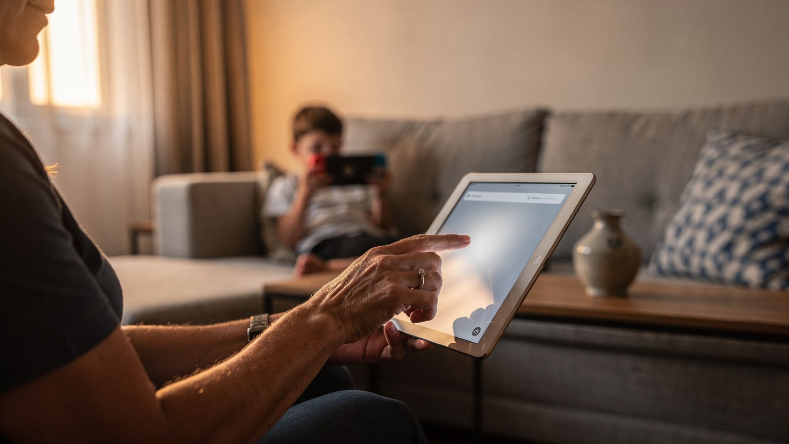 A parent's hand adjusting screen time settings on an iPad, with a child in the background engaged with another device.