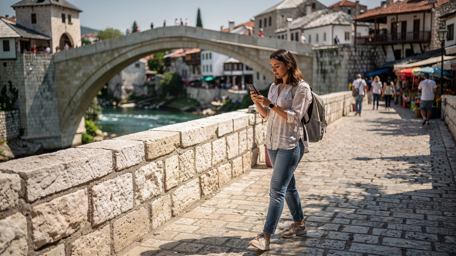 Een jonge vrouw installeert een eSIM op haar smartphone terwijl ze over de Stari Most in Mostar, Bosnië en Herzegovina, loopt. De historische brug en de oude stad zijn op de achtergrond zichtbaar.