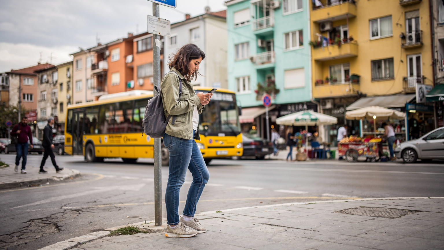 Een reiziger staat bij een busstation in Tirana, Albanië, en controleert de dienstregeling op haar telefoon, terwijl lokale bussen voorbijrijden.