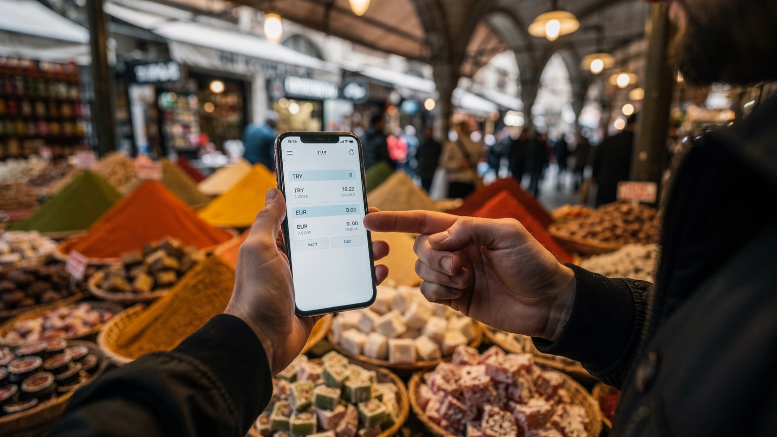 İstanbul'un hareketli bir çarşısında, elinde akıllı telefonuyla yerel bir esnafla pazarlık yapan bir gezginin, telefonundaki döviz kuru uygulamasını gösterdiği an. Arka planda renkli baharat tezgahları ve kalabalık görünüyor.