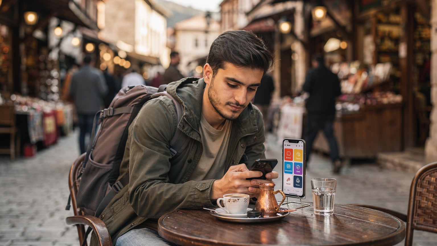 Saraybosna'nın tarihi Başçarşı bölgesinde, bir elinde geleneksel Bosna kahvesi fincanı, diğer elinde akıllı telefonuyla yerel bir kafede oturup eSIM paketlerini inceleyen bir gezgin.