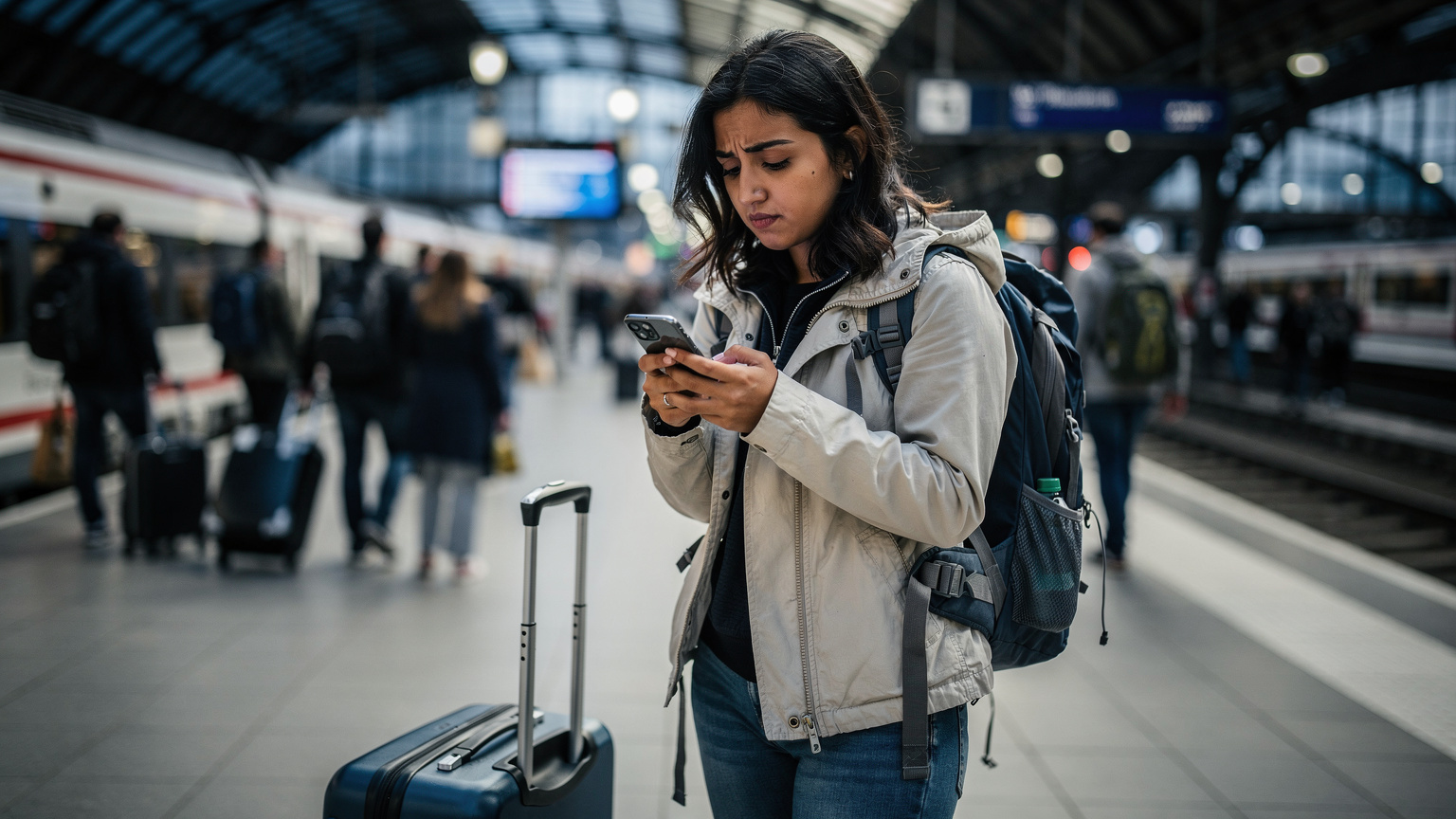 Almanya'da, Münih Merkez Tren İstasyonu'nun kalabalık peronlarından birinde, elinde bavulu ve sırt çantasıyla bekleyen genç bir gezginin, akıllı telefonunda eSIM profilini kontrol ederken endişeli bir ifadeyle ekrana baktığı an.